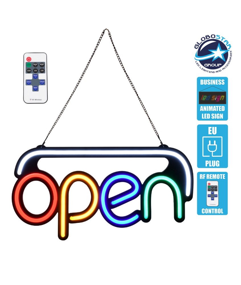 GloboStar® 85859 Φωτιστικό Ταμπέλα Φωτεινή Επιγραφή NEON LED Σήμανσης Animated OPEN 30W AC 230V με Διακόπτη On-Off και Ασύρματο Χειριστήριο IR Λευκό - Κόκκινο - Πράσινο - Κίτρινο - Γαλάζιο